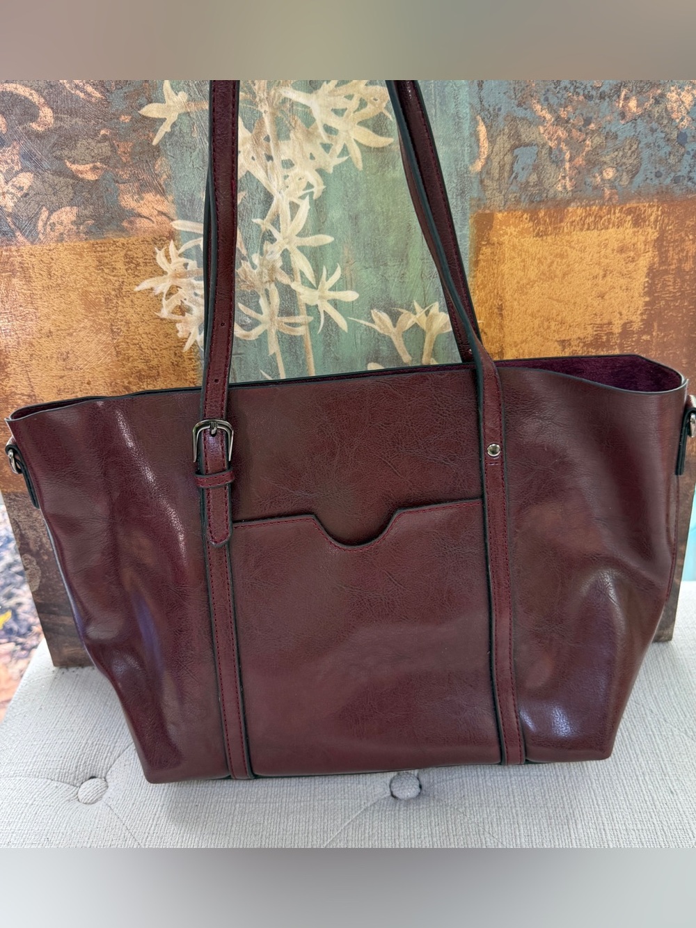 Women's Burgundy Faux-Leather Tote with Front Pocket